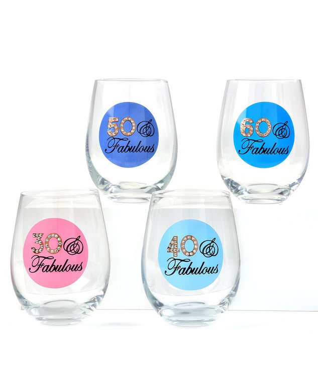 Cheers to a loved one on their milestone birthday with this clear, stemless wine glass. 4 Assorted Designs: 30 & FABULOUS, 40 & FABULOUS, 50 & FABULOUS, 60 & FABULOUS. FDA Approved. 16 oz. Glass.