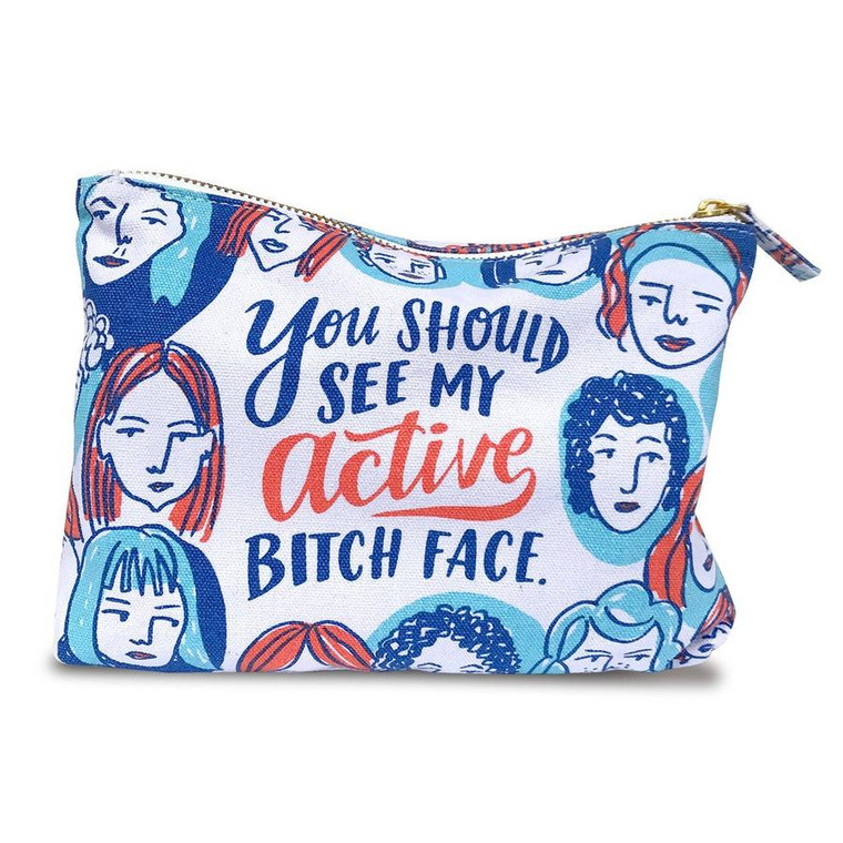Now your resting bitch face can pull out your active bitch face from your bag anytime you want.

- Dimensions: 8.5" x 6.5"
- 100% cotton canvas pouch
- Cotton lining
- Gold zipper with fabric tab
- Design is printed on both sides of the pouch