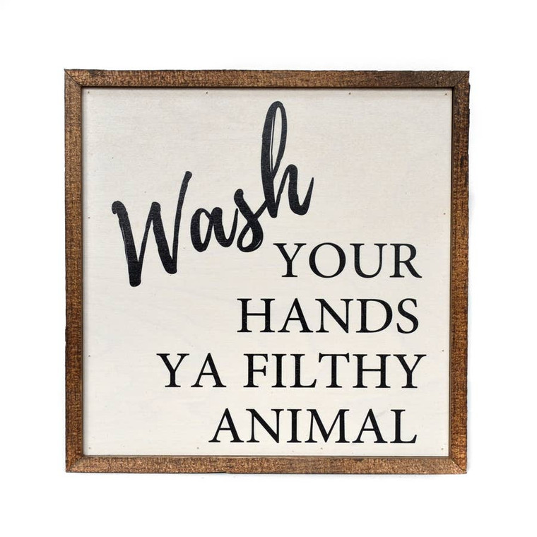 Wash Your Hands Ya Filthy Animal Funny Bathroom Sign. All our signs are build into a wooden box frame with a rustic touch. Signs are hung directly off the frame. Made in the USA.

Dimensions
10" l x 10" w x 2" h

Weight
1.2 lb