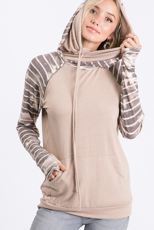 Distressed Stripes in an amazing tan color? Yes, Please! This double hooded, side zip hoodie is the perfect lightweight addition your closet needs as a transition piece into cold winter days.