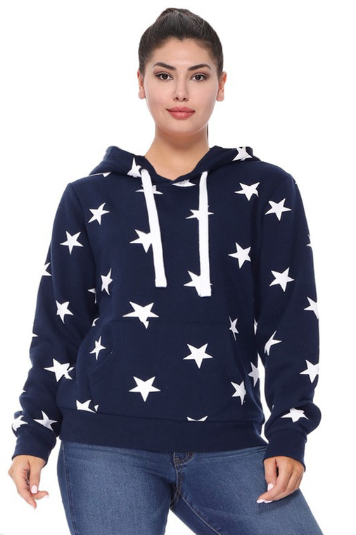 Show your Patriotic Spirit with this All Over Star Navy Hoodie. Perfect to show your love for the red, white and blue on Memorial Day, Flag Day and Fourth of July - yet perfect for all times, not just our patriotic holidays! A nice weight sweatshirt to keep you cozy on a cool summer's night. Pairs perfectly with leggings, jeans, crops and shorts.