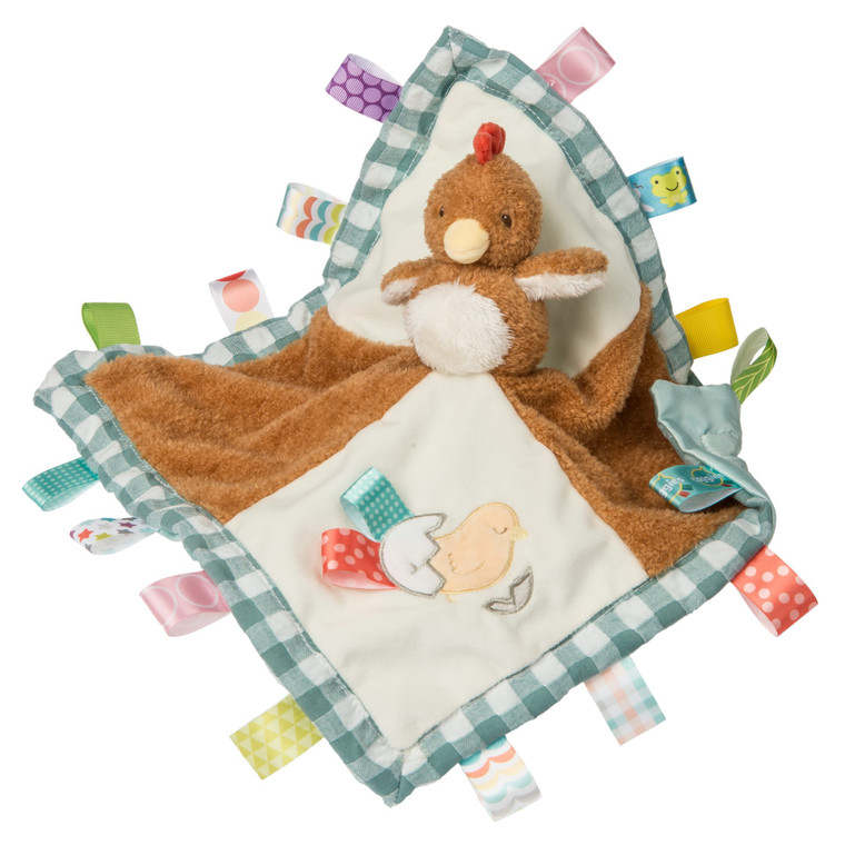 13×13″ Chikki Chicken’s whimsical character is a fun addition to our Barnyard Friends. Introduce baby to barnyard sounds with Chikki Chicken. Three different plush fabrics and 16 Taggies looped ribbons adorn this gender neutral cutie. Lined with sage colored satin.

13″ x 13″
Three different plush fabrics
16 Taggies ribbons
Fuzzy, longer pile
Gingham trim
Sage colored satin backed blanket
Labeled machine wash, air dry