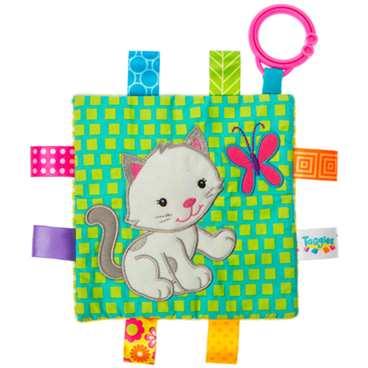 6.5″ x 6.5″ Part soother, part activity toy. Each Crinkle Me Taggies has fun character appliques and colorful patterns on the outside, crinkle paper and a squeaker on the inside. Flexible loop for attaching to stroller and crib. 8 Taggies ribbons. Crinkle paper and squeaker inside. Labeled machine wash, air dry.