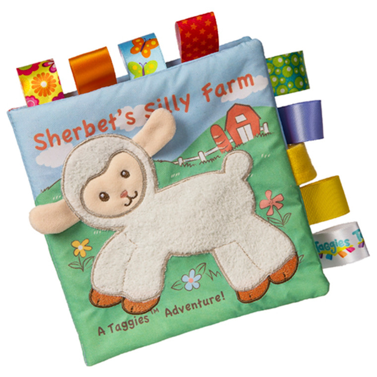 6″ x 6″ Book featuring Sherbet Lamb in a fun, short story. Fabric applique cover. Lots of Taggies ribbons. 8 pages. Velcro closure. Crinkle paper and squeaker inside.  Labeled machine wash, air dry.