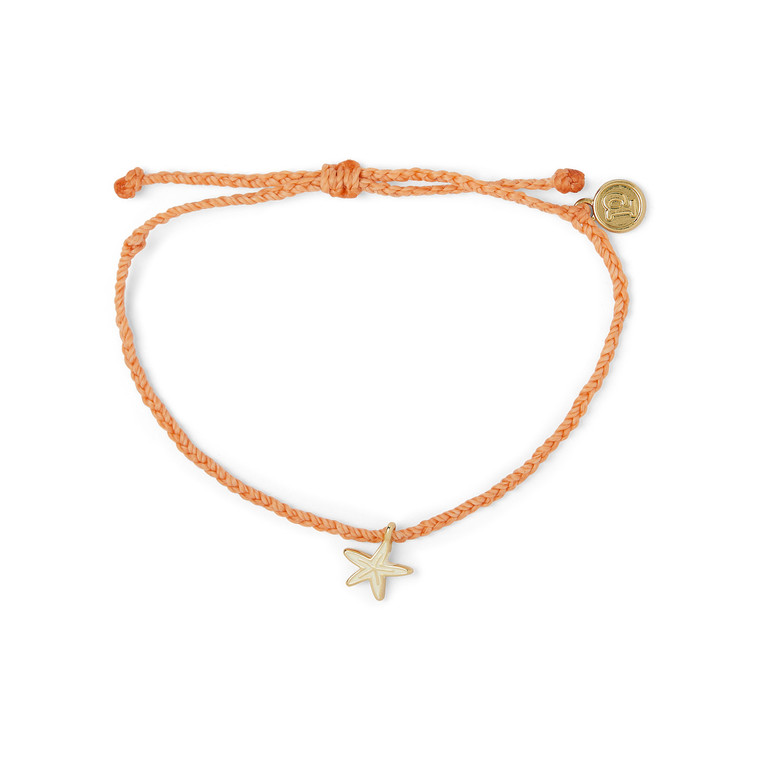 Accent your wrist with a touch of boho-inspired style courtesy of this super-cute bracelet from Pura Vida! Its braided Coral cord can be worn anywhere, and it's also easily adjustable. Plus, the silver tone starfish charm is decorated with colorful enamel for even more texture and style.

Pura Vida is committed to supporting artisans and charities worldwide, as well as protecting the environment through biodegradable packaging - so you can be sure your beautiful piece of jewelry is doing good for the world!

Gold tone starfish charm and metal "P" charm
Adjustable from 2-5 Inches in diameter
Waterproof