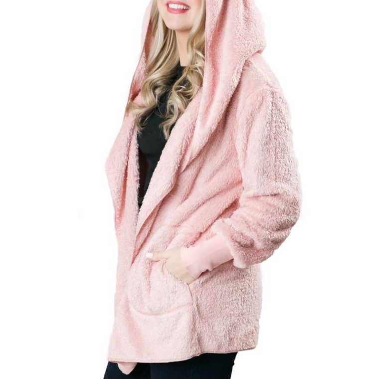 Seriously this sherpa open jacket hoodie /cardigan is literally everything. So soft... So cozy... it is what you NEED for cool weather. One Size Fits 00-24

our # 1 best seller this season
hidden side pockets and hoodie design
super lightweight and fluffy faux-fur/polyester fabric
perfect style to use for layering or for a cozy night on the beach