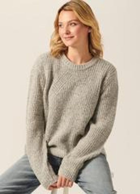 Crew neck long sleeves in a relaxed easy casual fit knit in a blended plush boucle yarn with super soft hand which highlights the diagonal knit rib texture a super cozy knit for indoors or out61%Acrylic 35%Polyester 4%Spandex .