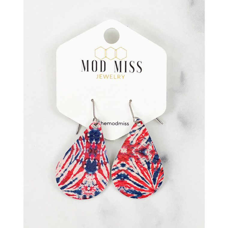 Our classic teardrop earrings in this tie dye red white and blue genuine leather will accent your style perfectly while making a statement. Ultra light weight with stainless steel hooks.

1" teardrop