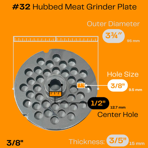 #32 Meat Grinder Plate, Hubbed, Stainless Steel, 3/8" (0.95 cm), 10 mm Thick