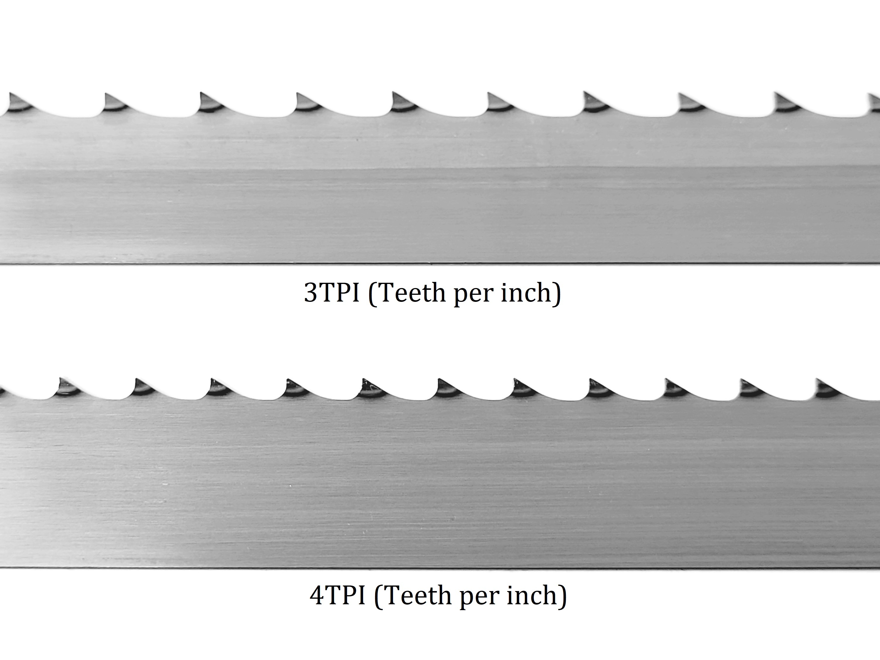 Side-by-side comparison of 3 TPI and 4 TPI meat band saw blade tooth patterns