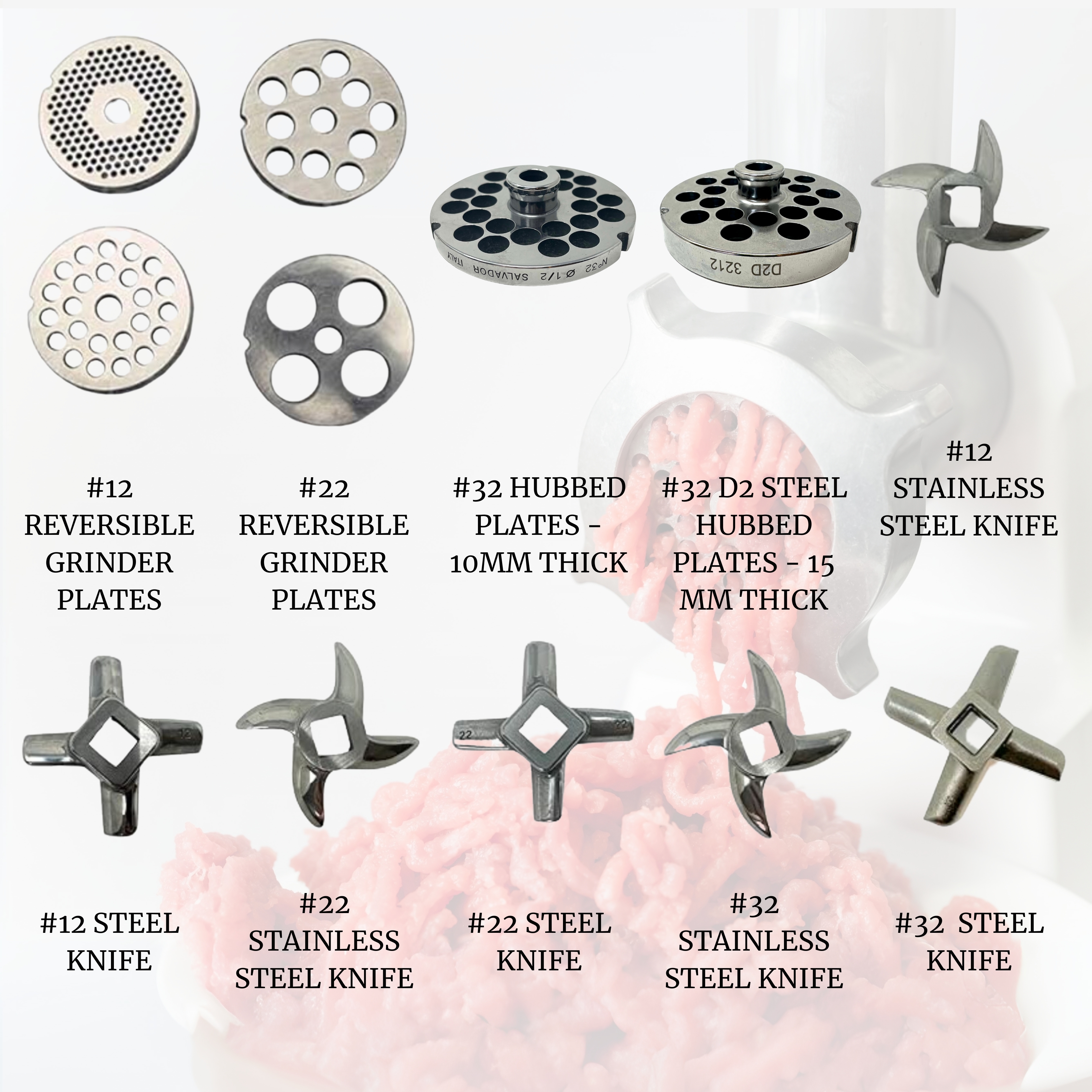 CutleryMania meat grinder knives and plates for #12, #22, and #32 commercial meat grinders