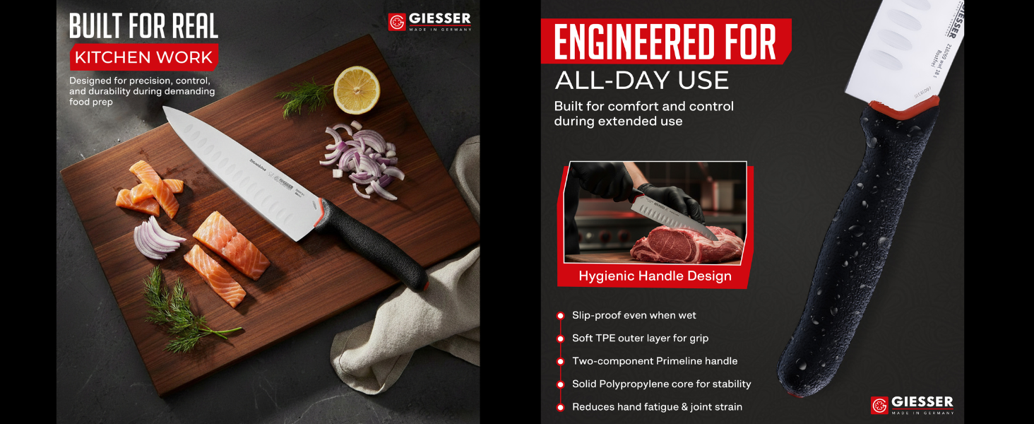 Giesser Primeline professional knives with ergonomic non-slip handle and durable German steel