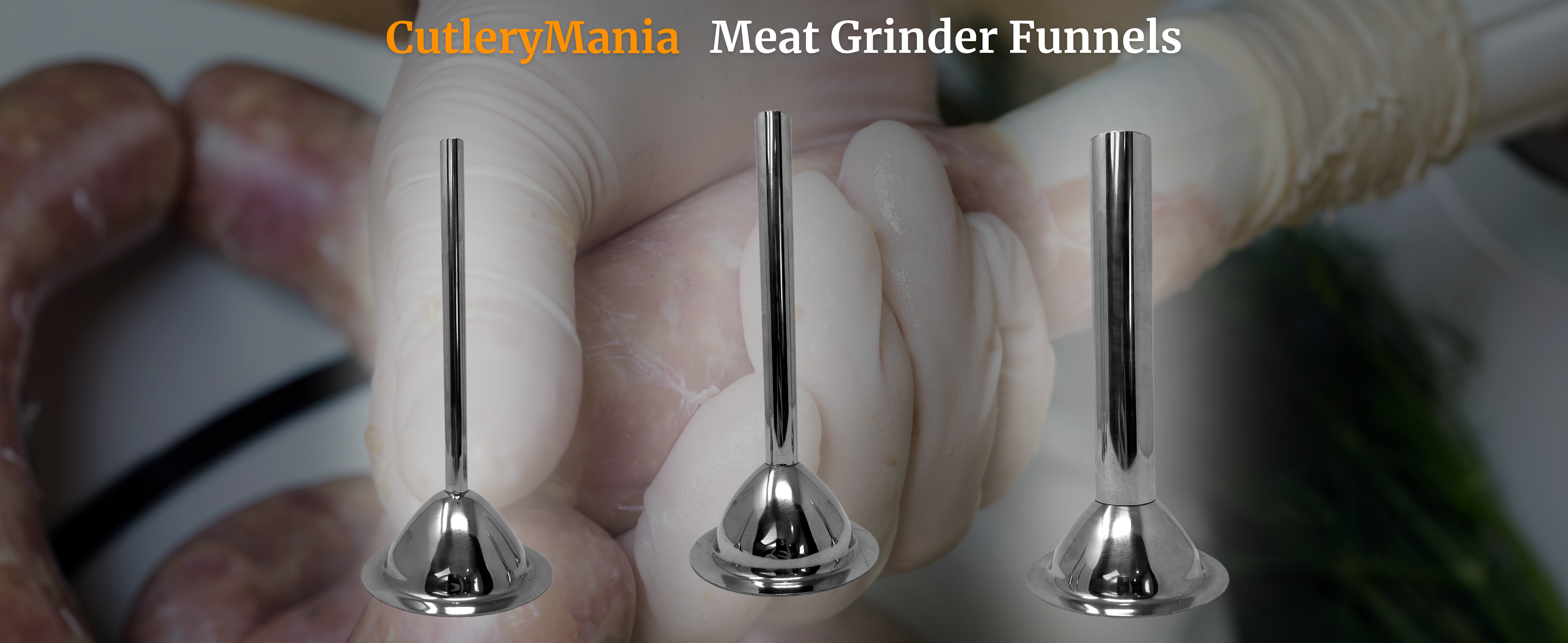 CutleryMania stainless steel sausage stuffing funnel set for #12, #22, and #32 meat grinders