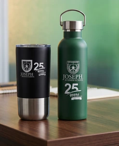 JBS 25th anniversary branded tumbler and stainless steel bottle
