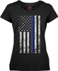 Womens Black US Flag Distressed Thin Blue Line Support the Police Long T-Shirt