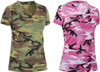 Womens Camo Tee Short Sleeve Long Length V-Neck Military T-Shirt Army Camouflage