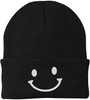 Smiley Face Outline Embroidered Beanie | Cute Knit Winter Hat | Unisex Warm Cuff Skull Cap for Men & Women