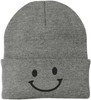 Smiley Face Outline Embroidered Beanie | Cute Knit Winter Hat | Unisex Warm Cuff Skull Cap for Men & Women