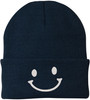Smiley Face Outline Embroidered Beanie | Cute Knit Winter Hat | Unisex Warm Cuff Skull Cap for Men & Women