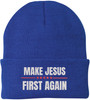 Make Jesus First Again Embroidered Beanie | MAGA Style Warm Knit Winter Skull Cap Religious Christian Hat