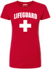 Women's Lifeguard + White Cross T-Shirt | Slim Fit 100% Cotton Life Guard Watch Duty Tee Shirt, Red