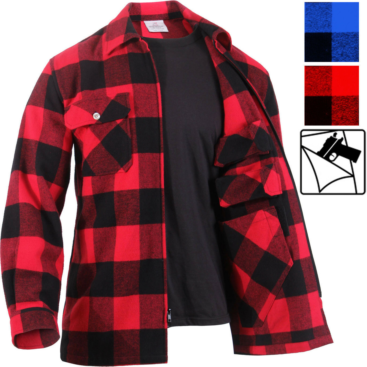 Concealed Carry Flannel Zip Shirt CCW Buffalo Plaid Check Tactical Jacket  Top