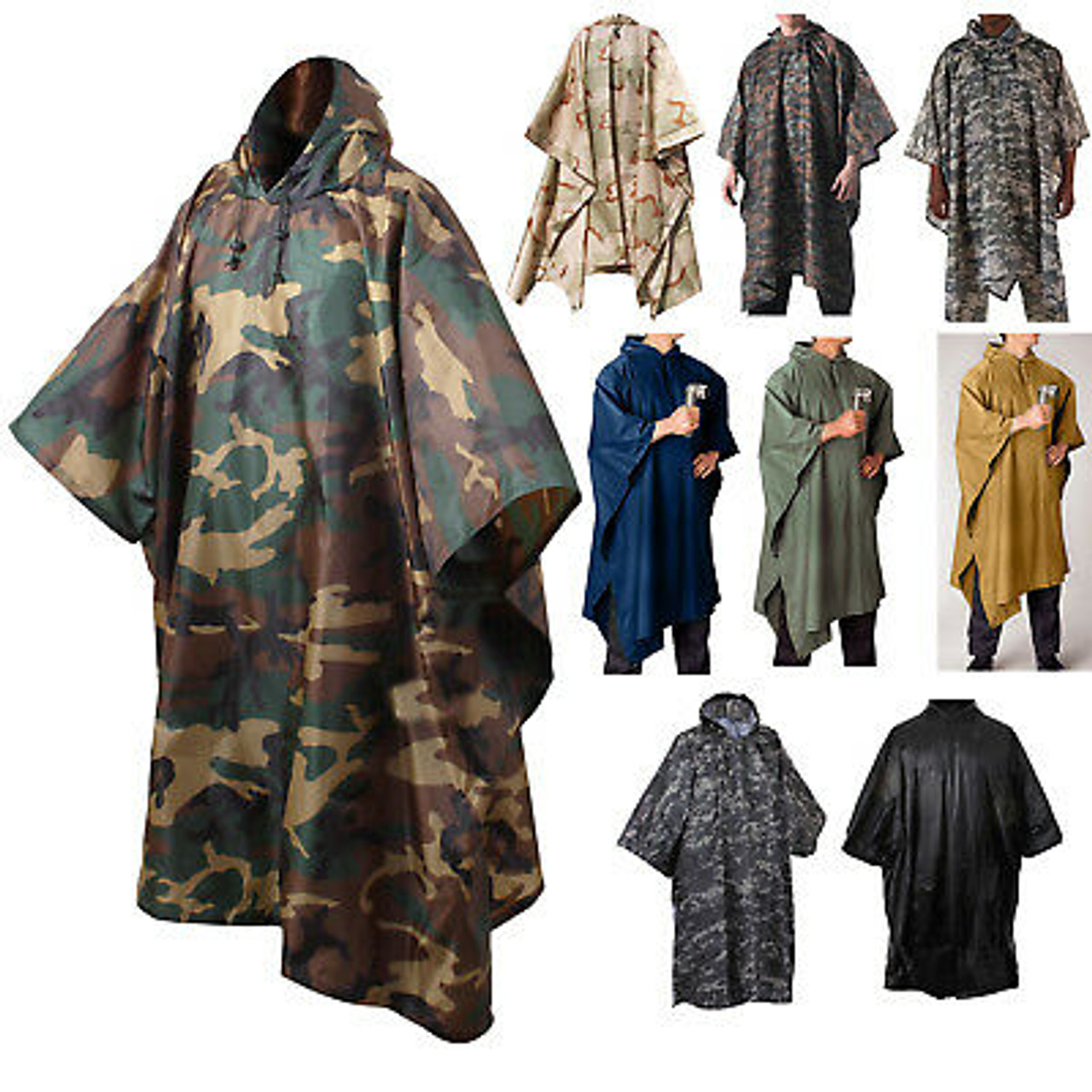 Tactical Waterproof Rain Poncho Camo Ripstop Military Hooded Body Cover