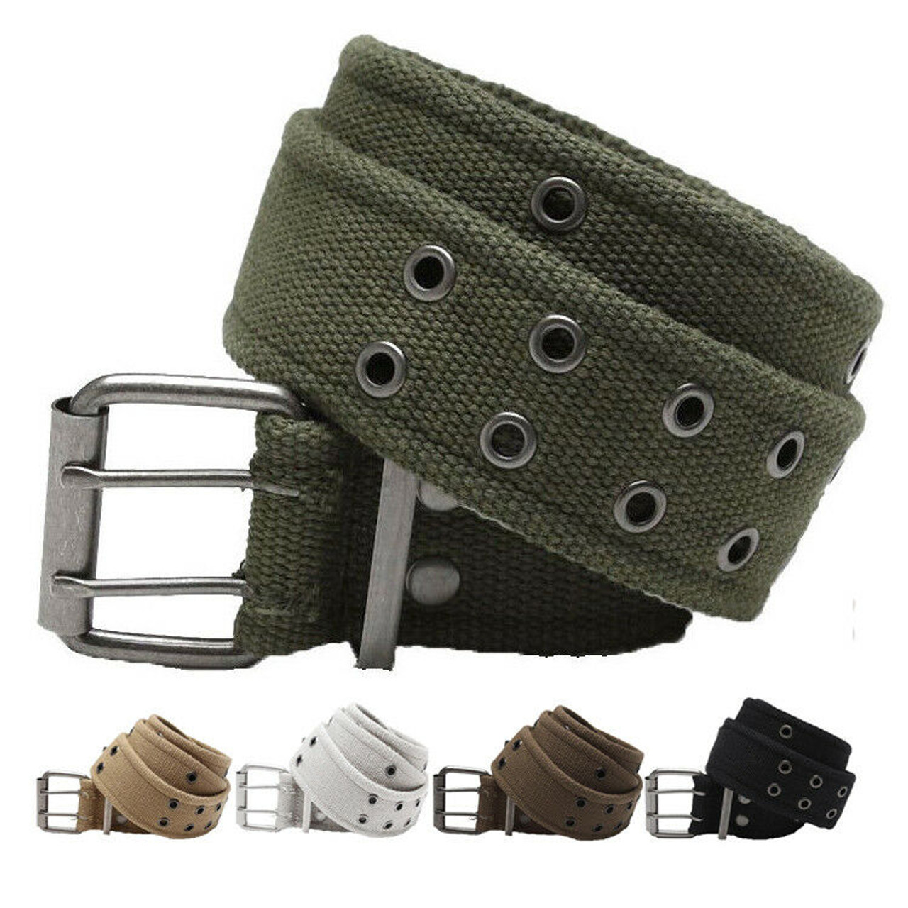 Military Double Prong Canvas Belt, Heavy Duty Army Pistol Grommet Two Hole  1.75