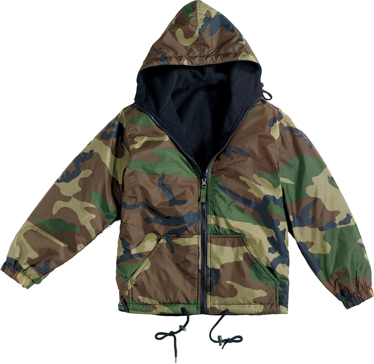 Woodland Camouflage Reversible Fleece Lined Jacket Military Hooded Nylon  Coat