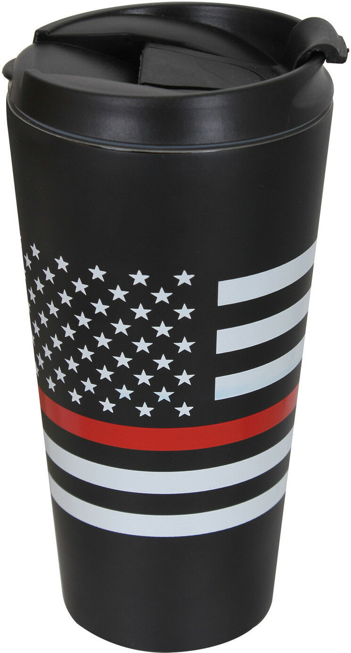 Thin Red Line Travel Coffee Mug Insulated Cup 16oz Black Thermos US Flag TRL