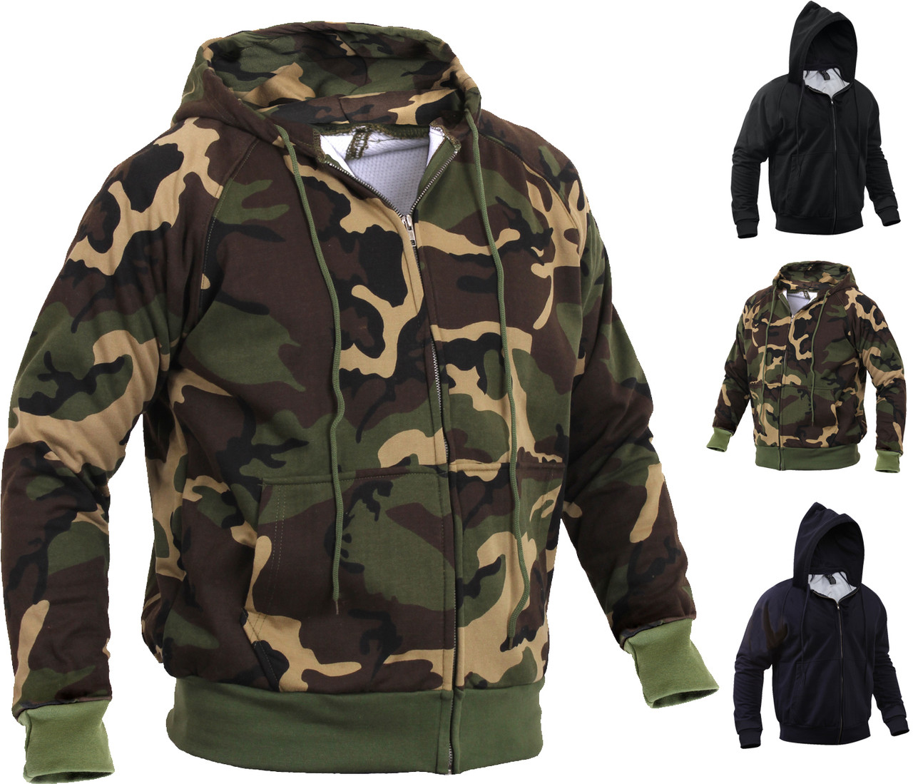 Tactical Thermal Hoodie, Camo Zipper Sweatshirt Comfortable Waffle