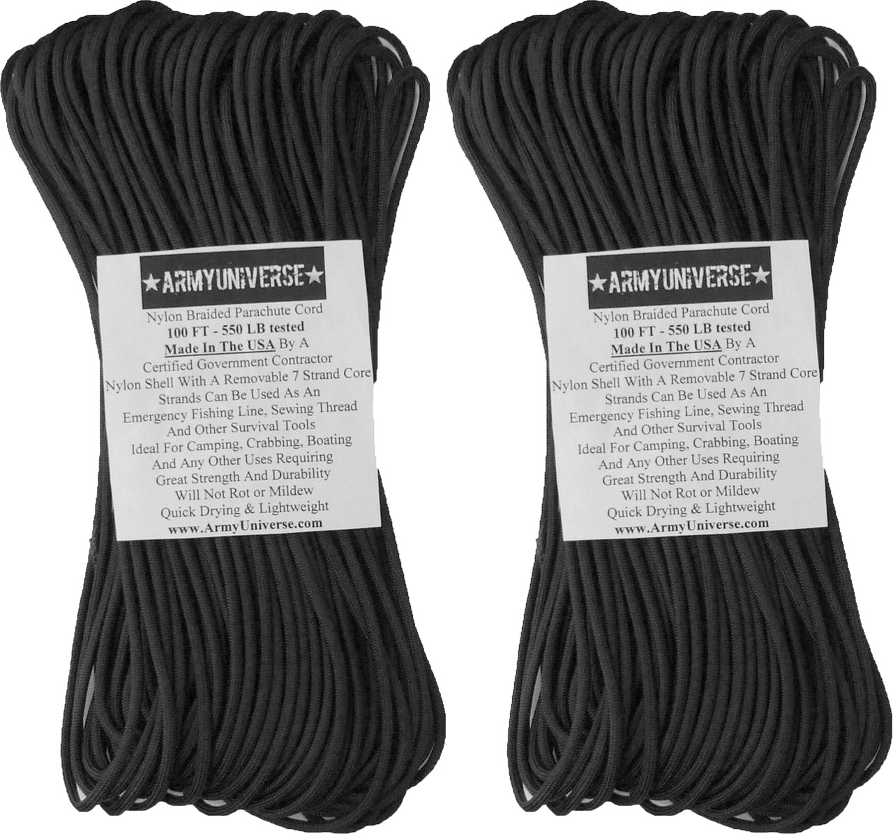 Army Universe Black 550lb Military Paracord Type III Rope 100' (2-Pack)