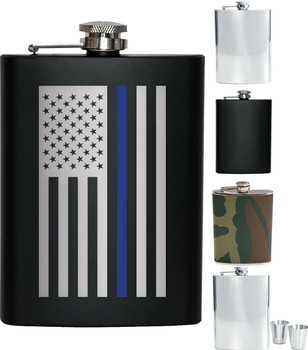 Steel Flask Gift Set 8 oz Silver Hip Waist Solid Army Camo Thin Blue Line Chrome
