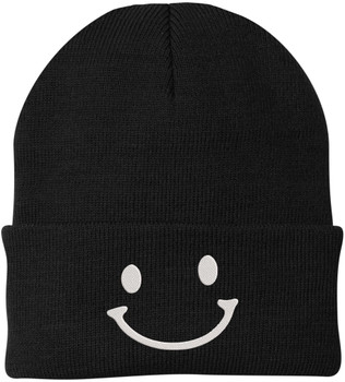 Smiley Face Outline Embroidered Beanie | Cute Knit Winter Hat | Unisex Warm Cuff Skull Cap for Men & Women