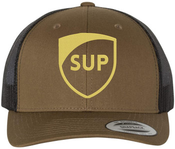 SUP Embroidered Trucker Hat Funny Streetwear Snapback Mesh Back Baseball Cap, Brown/Black