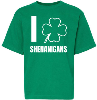 Kids I Love Shenanigans T-Shirt | St. Patrick's Day Holiday Costume Crewneck Tees | Short Sleeve Fun Party Shirt, Irish Green