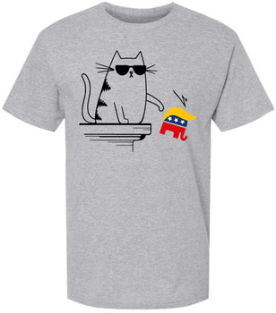 Cool Cat Knocking GOP Elephant Printed T-Shirt Funny Political Satire Cotton Crewneck Tee