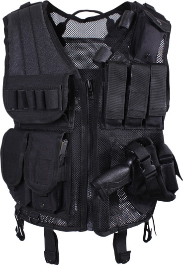 Black Quick Draw Raid Swat Tactical Vest with Gun Holsters & Pouches