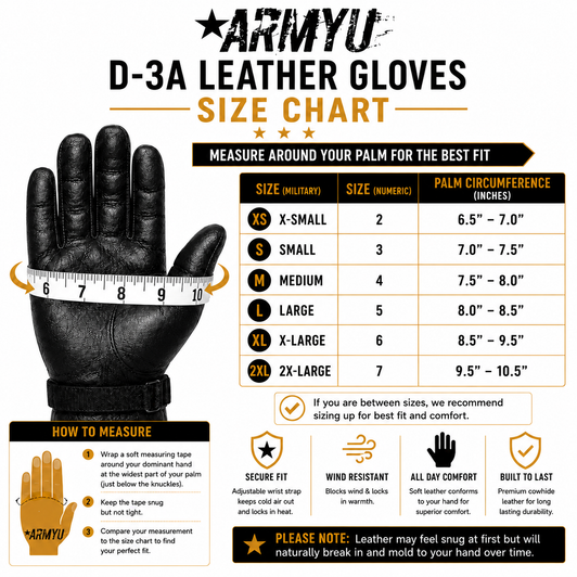 Size Chart Military D-3A Genuine Cowhide Leather Gloves Water Resistant Tactical Work Gloves