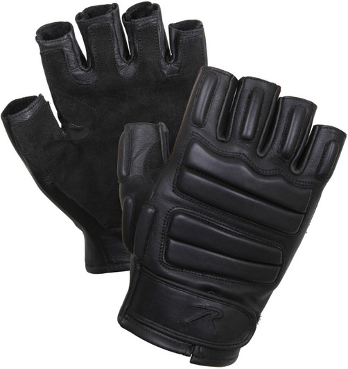 Black Leather Fingerless Padded Gloves Tactical Foam Military with Suede Palms