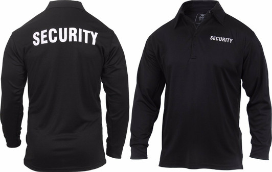 Black SECURITY Guard Officer Long Sleeve Polo Shirt – Moisture Wicking, Double-Sided Print