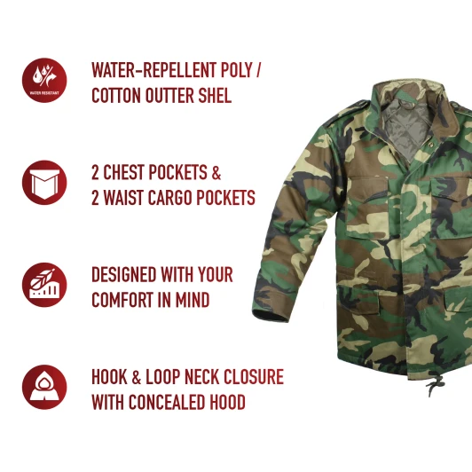 Kids M-65 Camo Field Jacket Water Repellent Military Cold Weather Coat with Quilted Liner & Hood
