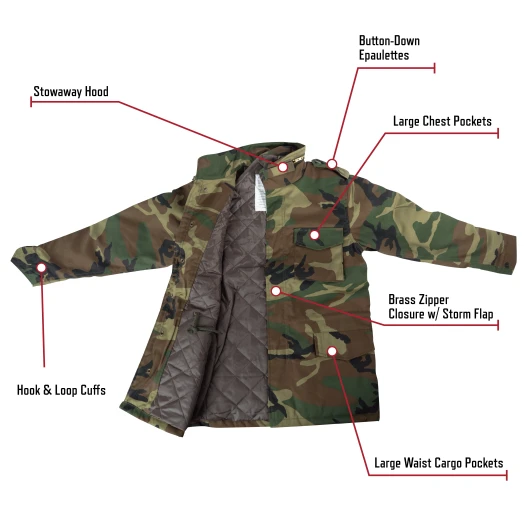 Kids M-65 Camo Field Jacket Water Repellent Military Cold Weather Coat with Quilted Liner & Hood