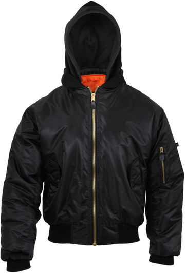 Black Hooded MA-1 Flight Jacket Reversible Orange Air Force Bomber Coat w/ Hood