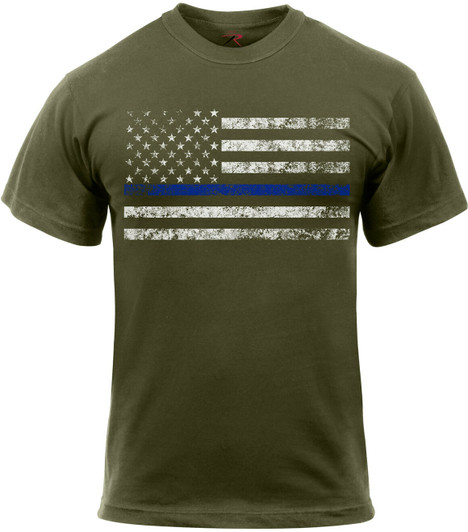 Olive Drab Distressed Thin Blue Line TBL US American Flag Short Sleeve T-Shirt