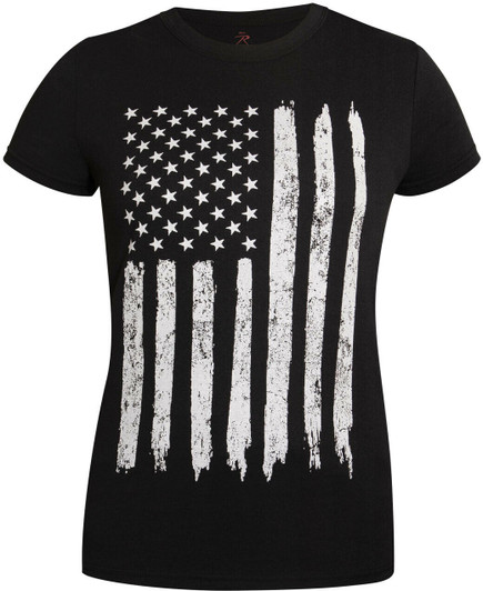 Womens Black Distressed US Flag Long T-Shirt with Reverse US Flag Sleeve