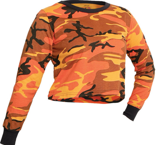 Womens Orange Camouflage Crop Top Long Sleeve T-Shirt