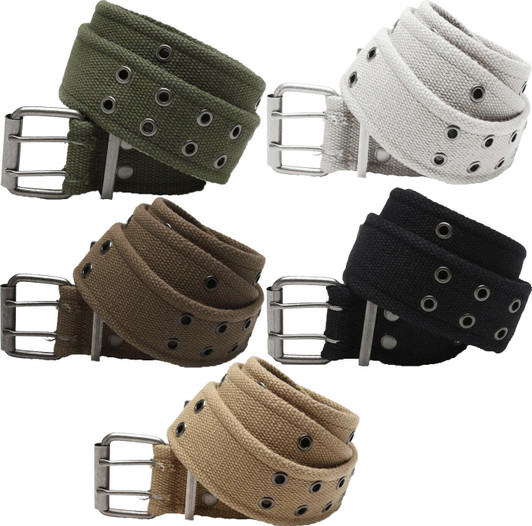 Military Double Prong Canvas Belt, Heavy Duty Army Pistol Grommet Two Hole 1.75"