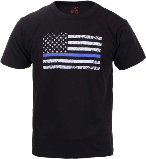 Kids Black Thin Blue Line Distressed US American Flag Support the Police T-Shirt