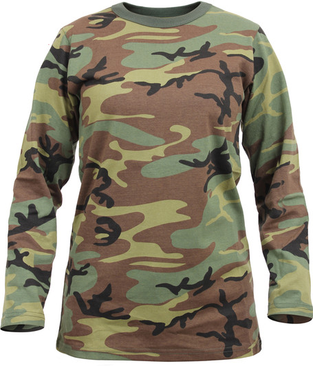 Women's Woodland Camouflage Long Sleeve Military T-Shirt Longer Length